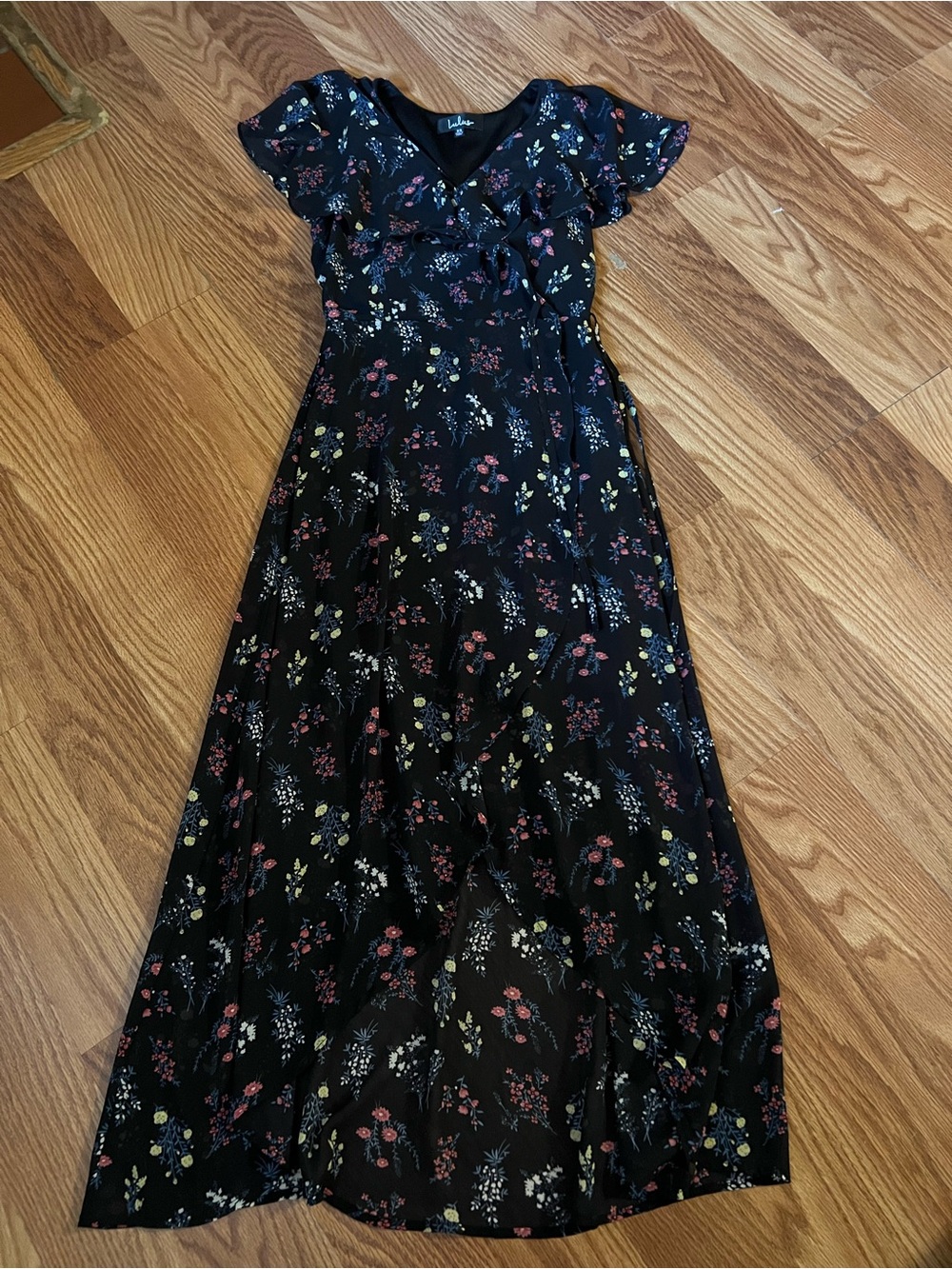 Lulu's Black Floral Wrap Maxi Dress with Pink and Cream Blooms